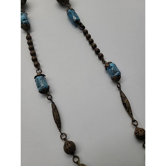 Vintage Boho Brass Filigree Necklace Blue Stone Beads Artisan Tribal Style Flaw - Picture 11 of 13